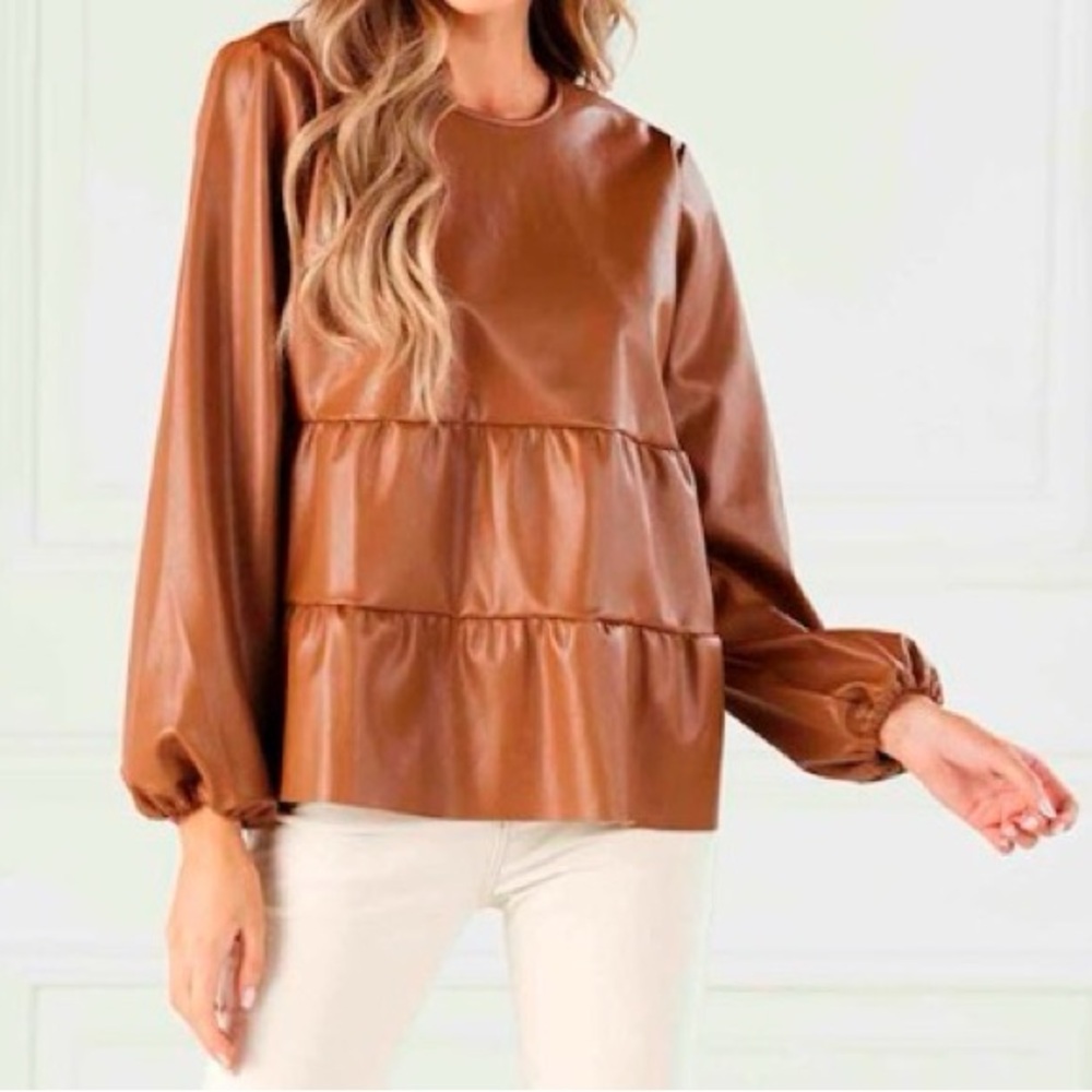 NWT Mudpie  Brown Faux Leather Tiered Blouse Large